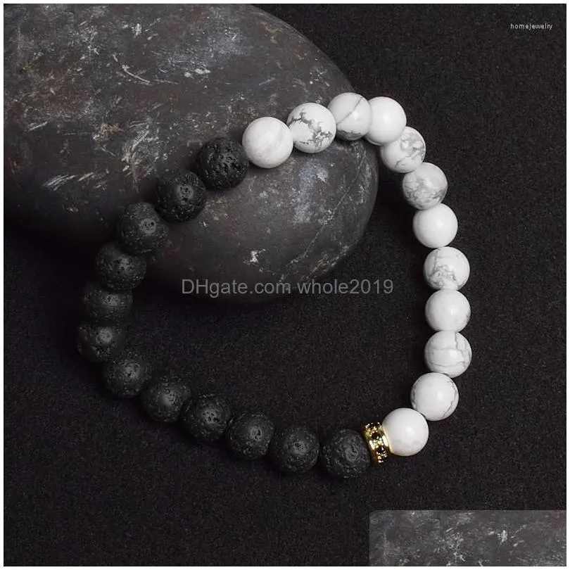strand trendy black white beads bracelet handmade natural lava stone howlite tiger eye cubic zirconia ring elastic bracelets jewelry