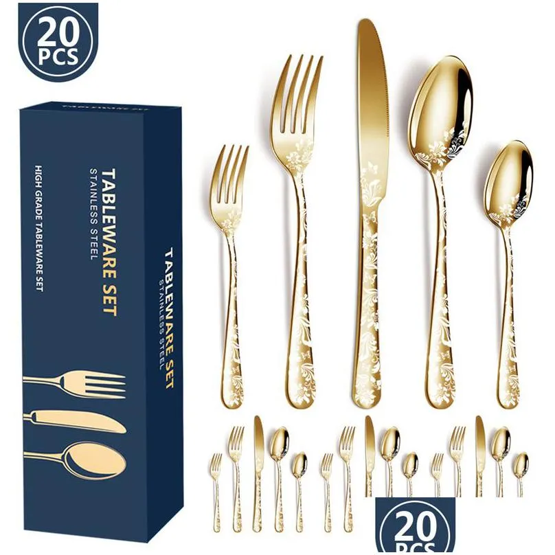 flatware cutlery set 20pcs silverware flowered printed stainless steel tableware set knife/fork/spoon utensil kits