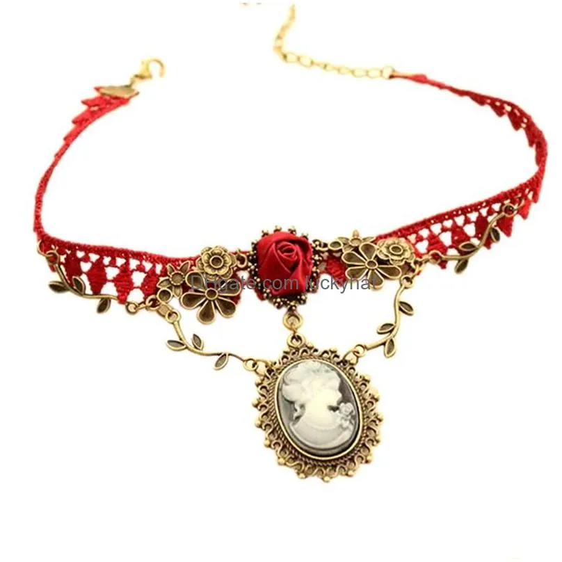 pendant necklaces stylish cameo red rose lace fashion necklace jewelry women gift xmas ethnic bohemian choker 12.23