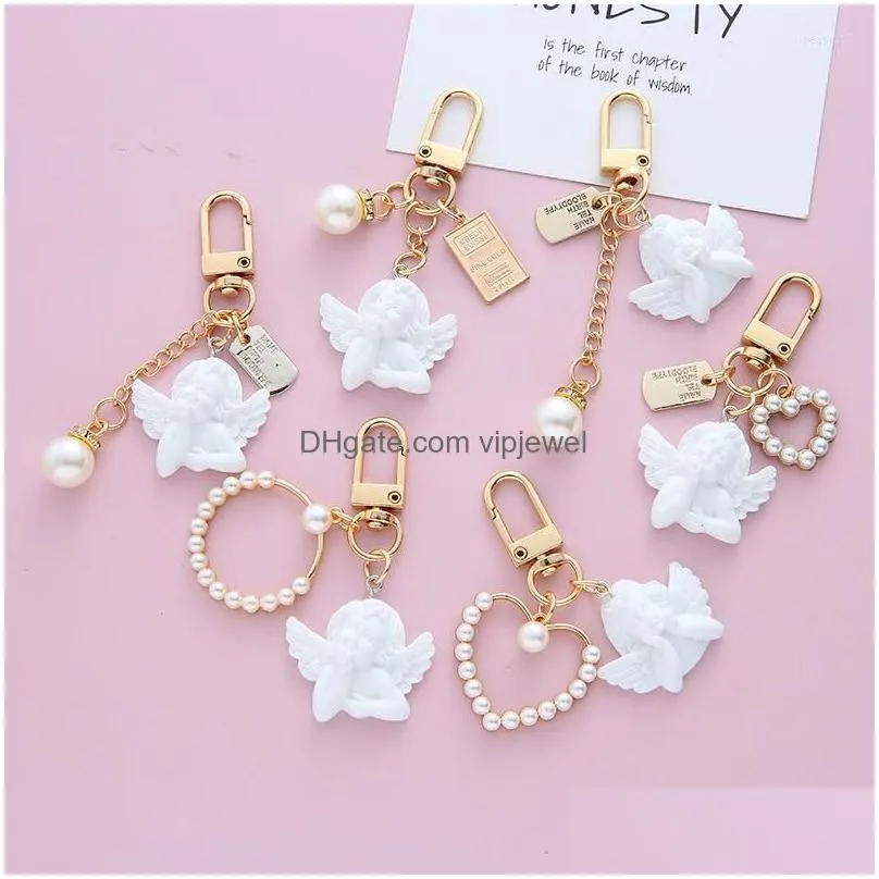 keychains cute vintage white angel keychain for women girls mini pearl heart jelly ball pendant gold color keyring bag car key charms