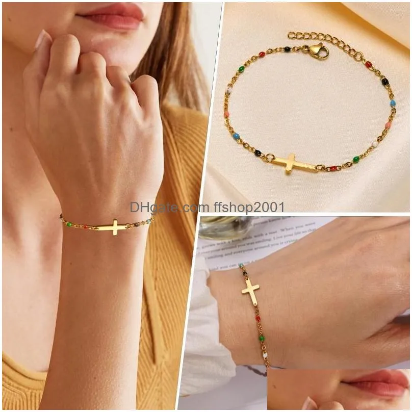 link bracelets cross bracelet women charms beaded chain stainless steel femme mujer pulsera