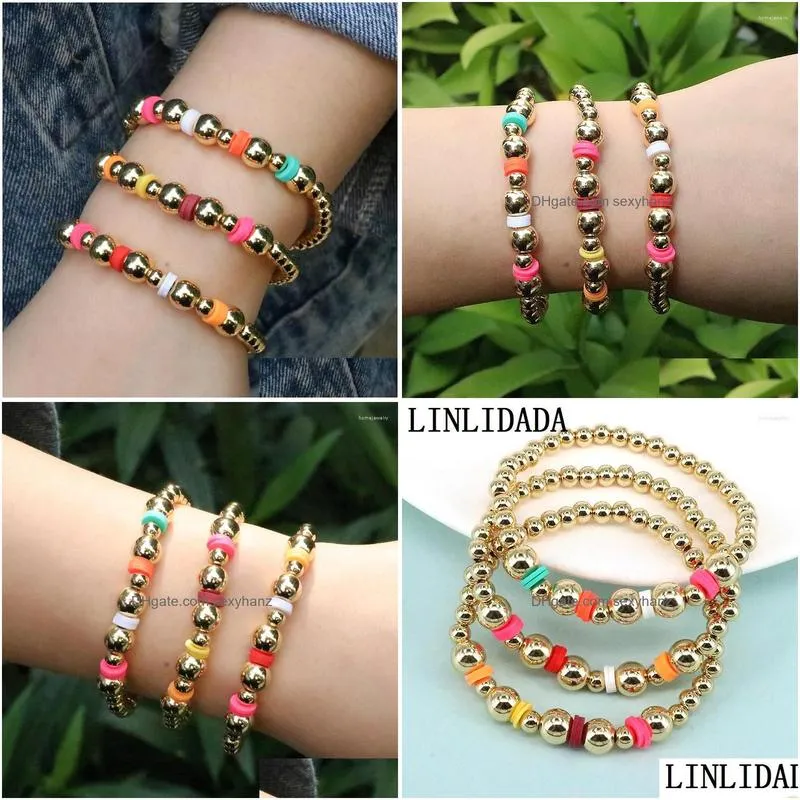 strand 5pcs fashion handmade elastic polymer clay gold plated copper bead bracelet bohemia charm for woman