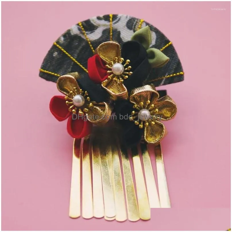 hair clips 2022 japanese style vintage floral sea wave fan accessories pendant black gold twin flowers jewelry