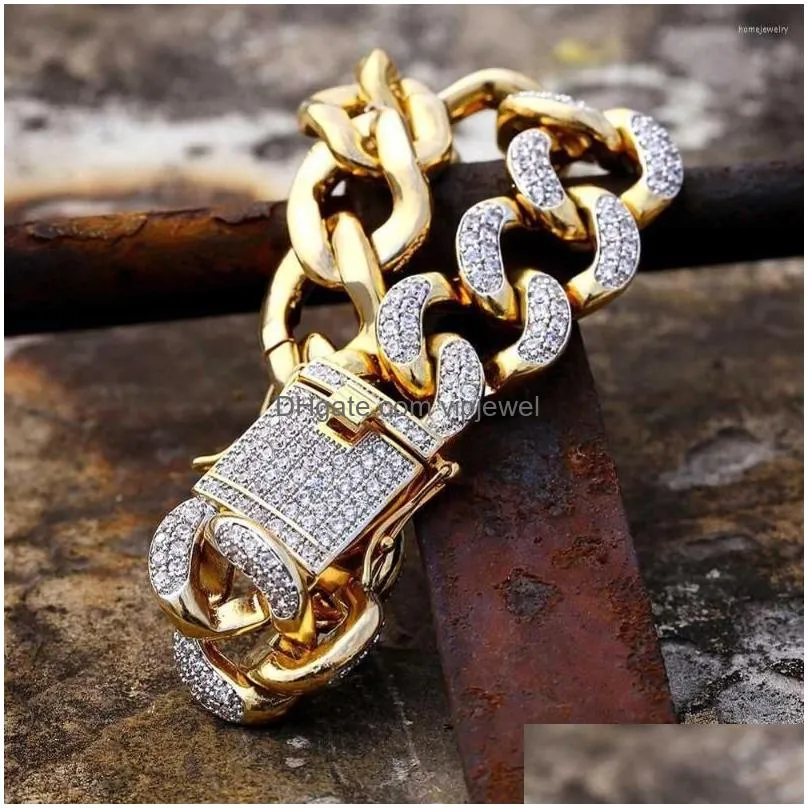 link bracelets 18mm width twisted chain mens cuban bracelet iced out bling cubic zirconia hip hopgold silver color