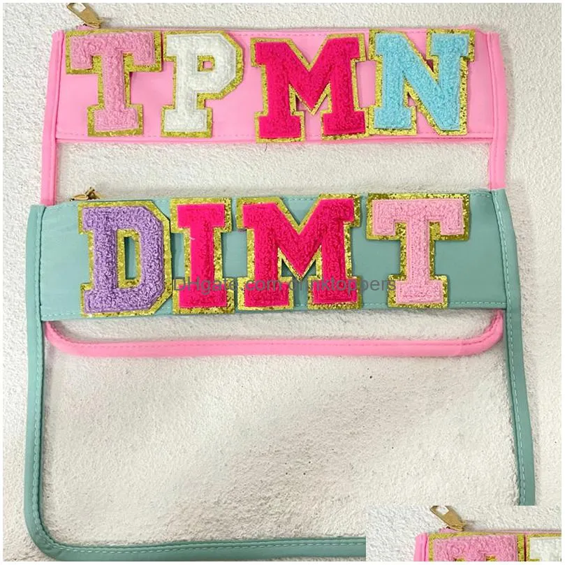embroidery letters clear pvc pouch bag waterproof with metal zipper pouches nylon cosmetic bags large capacity storage case for party