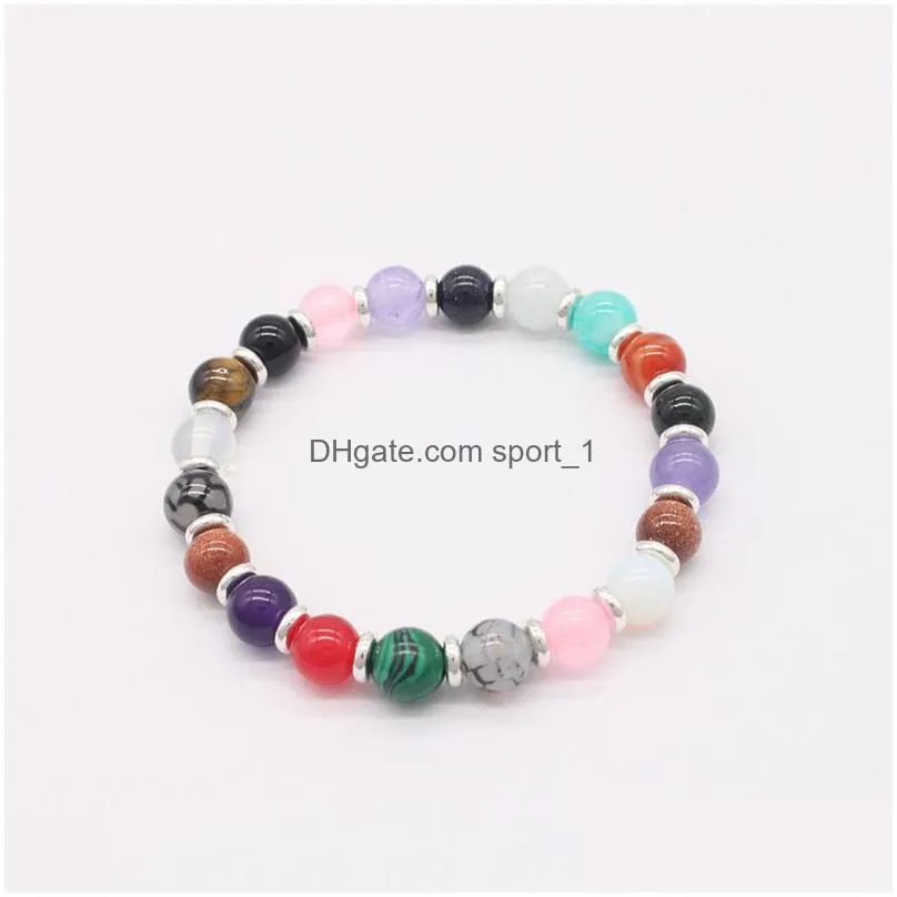 strand 16 colors natural gemstone spheres stretch bracelets mix round stone and silver spacers gift gb022