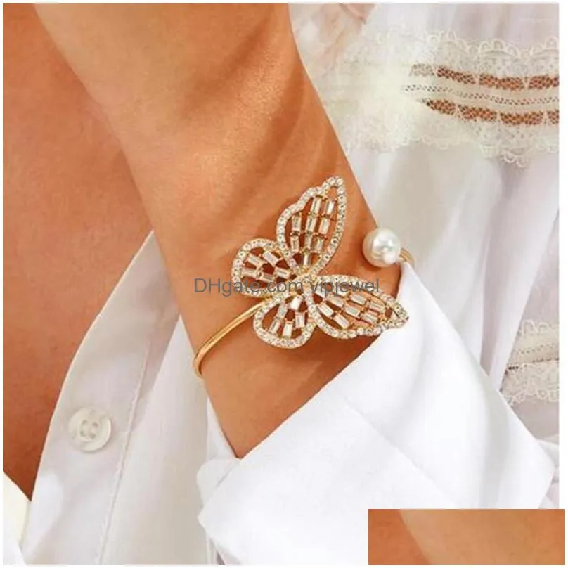 charm bracelets eub 10pcs gold tone butterfly crystal rhinestone wide wrap arm bracelet cuff imitation pearl opening bangles