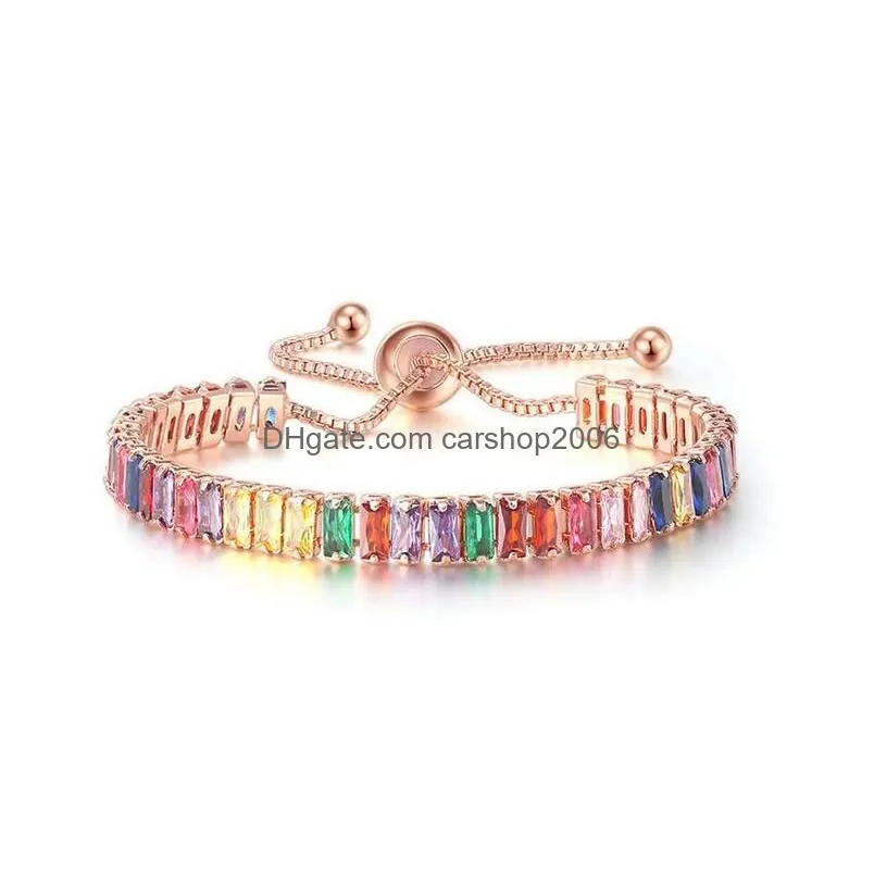 rose gold plated cubic zircon adjustable colorful bracelet for women girls rainbow birthday party wedding jewelry gift