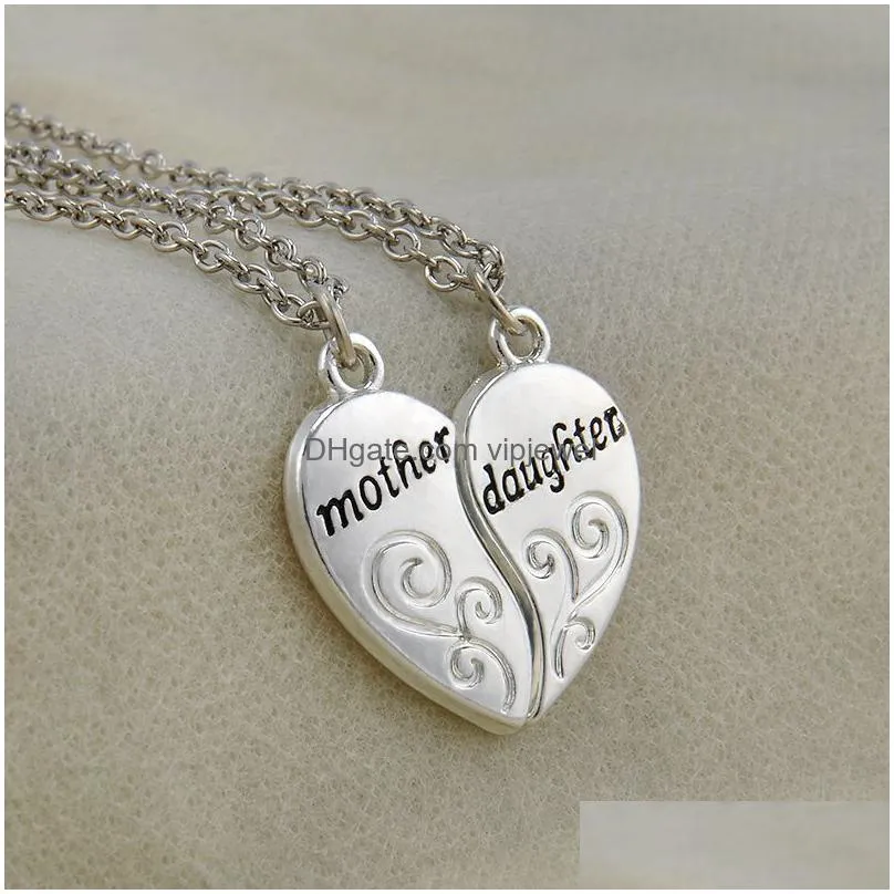 wholesale2pc silver plated mother daughter necklace silver heart love mom necklaces pendants for women jewelry collier femme p1303