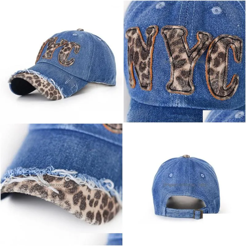 fashion leopard words pattern stitch design blue denim hats adjustable baseball caps for women cap hat1