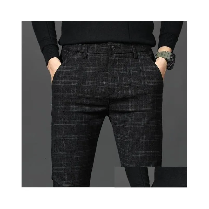 mens pants black plaid trousers spring and autumn fashion slim men gray stripe slacks 2838 pantalones hombre 230307