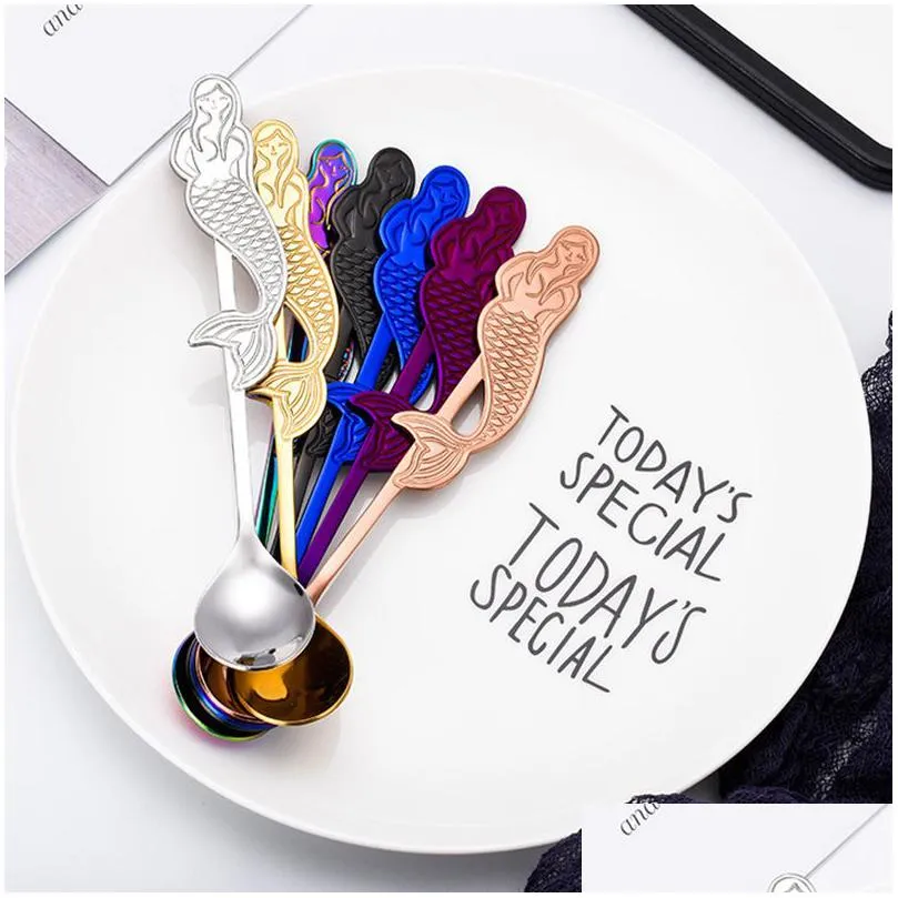 stainless steel mermaid spoons creative cartoon stirring spoon mixingspoon coffee spoon dessertspoon teaspoon ice cream scoop flatware dining utensils