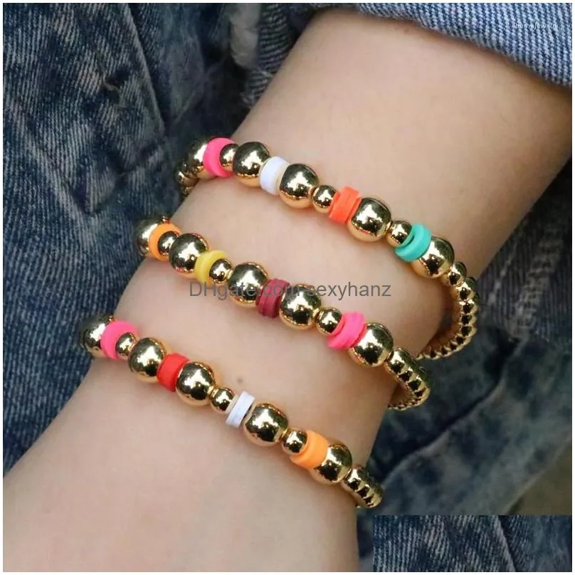 strand 5pcs fashion handmade elastic polymer clay gold plated copper bead bracelet bohemia charm for woman