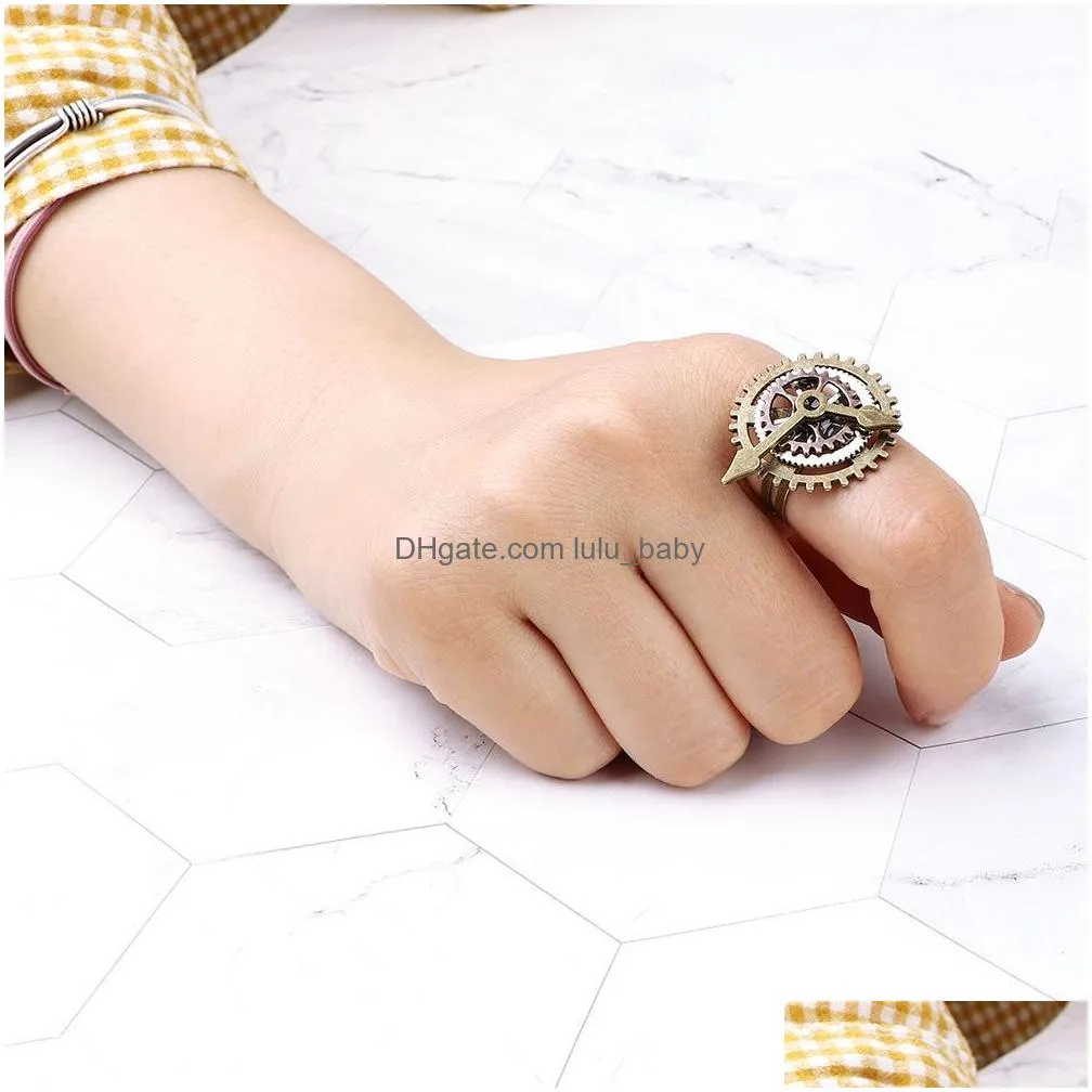 1pcs punk retro charm steampunk gear fingering vintage watch clock copper rings fashion party jewelry for women men