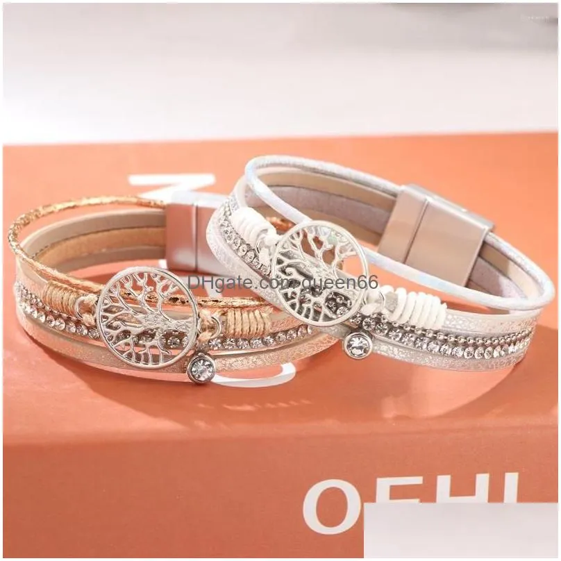 link bracelets 2022 trend tree of life leather bracelet personalized temperament metal match men whith rhinestones fashion jewelry