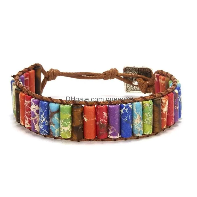 strand chakra bracelet jewelry handmade multi color natural stone tube beads leather wrap couples bracelets creative gifts