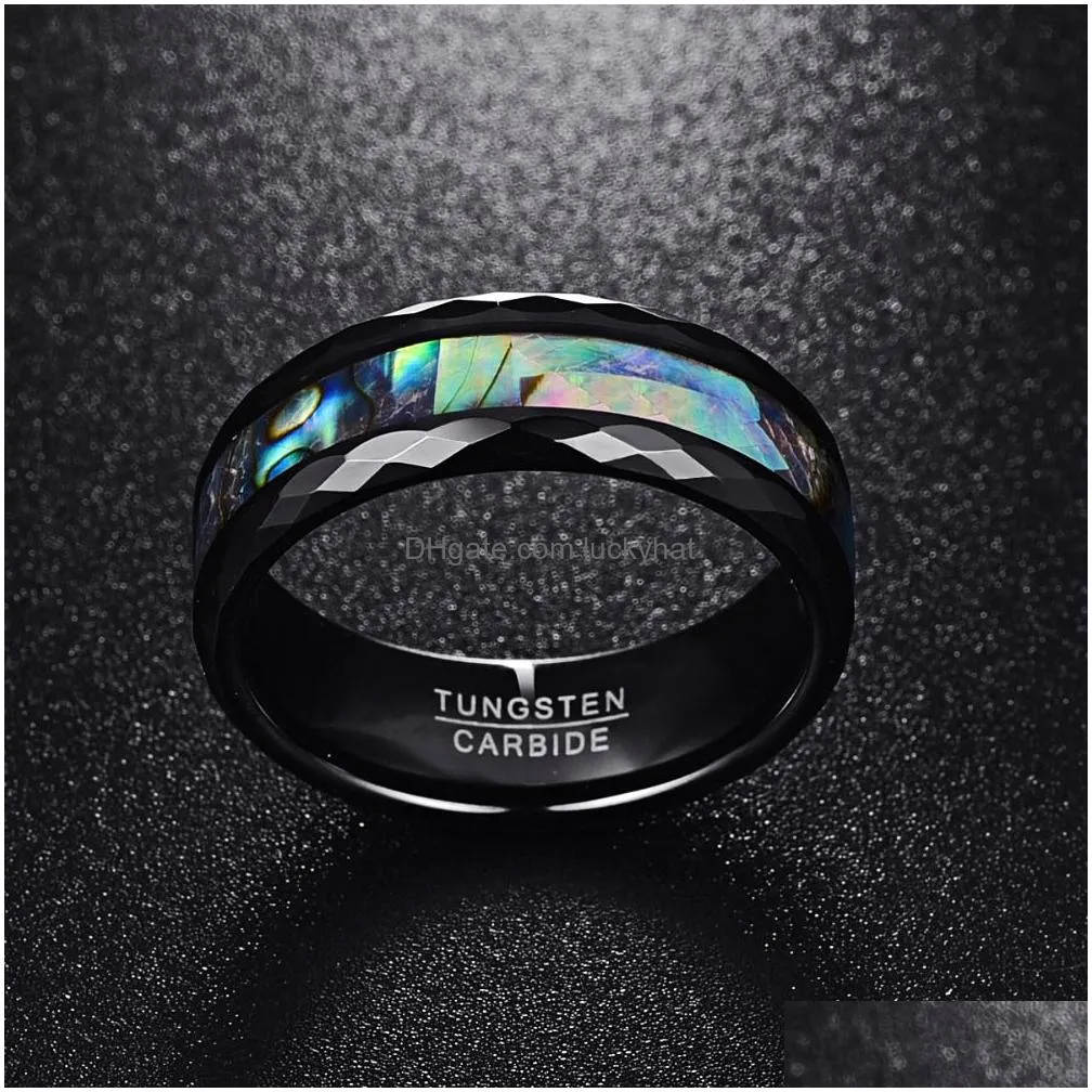 nuncad 8mm mens abalone shell polished black faceted tungsten carbide rings wedding bands size 712