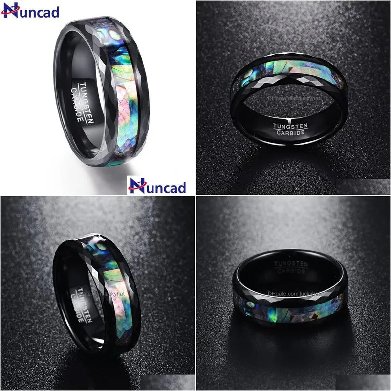 nuncad 8mm mens abalone shell polished black faceted tungsten carbide rings wedding bands size 712