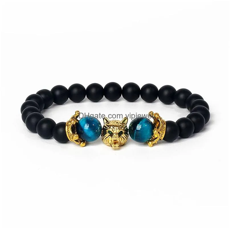 strand punk wolf charm bracelets men natural stone tiger eye lava beads women brave king crown elastic jewelry pulsera