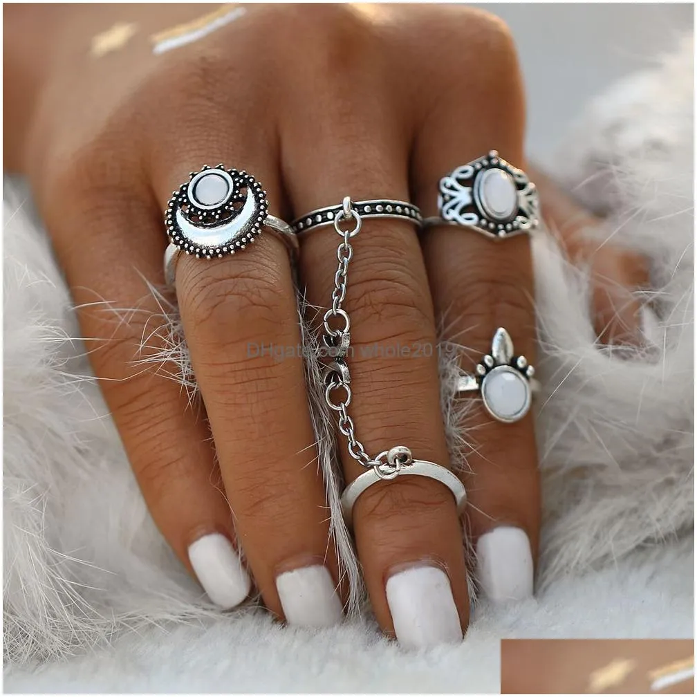 wholesale if me ethnic turkish moon sun finger rings set natural opal stone link chains midi rings jewelry for women antique gold