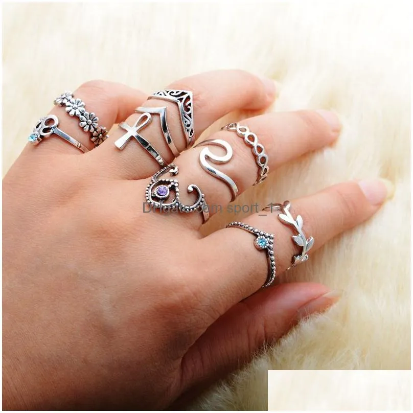 10pcs/set boho vintage silver color stone midi finger rings ethnic gothic knuckle set for women party gift bohemian ring set