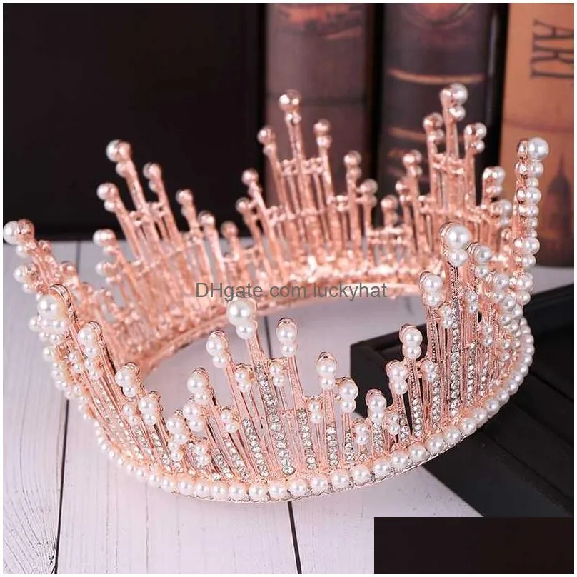 vintage rose gold pearl tiara round barrettes big wedding crown for bride hair accessories crystal inlaid queen jewelry