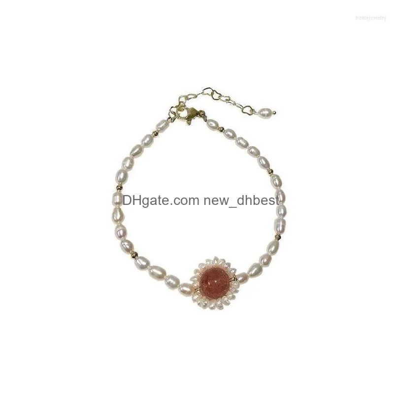 strand freshwater pearl strawberry crystal bracelet adjustable elastic cord moonstone lady small  bracelets for women