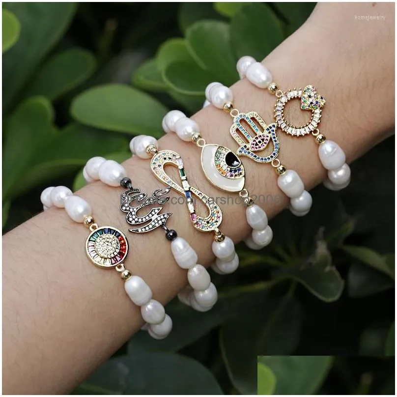 strand 5 pcs/lot natural freshwater pearl beaded bracelet pave gold fatima hand charm color for woman girl jewelry gift