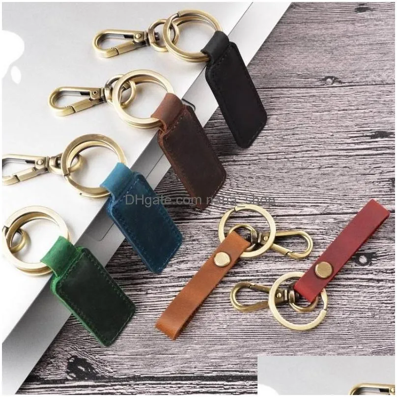 keychains vintage genuine leather wristlet keychain for men women fashion double key rings casual crazy horse chain wholesale