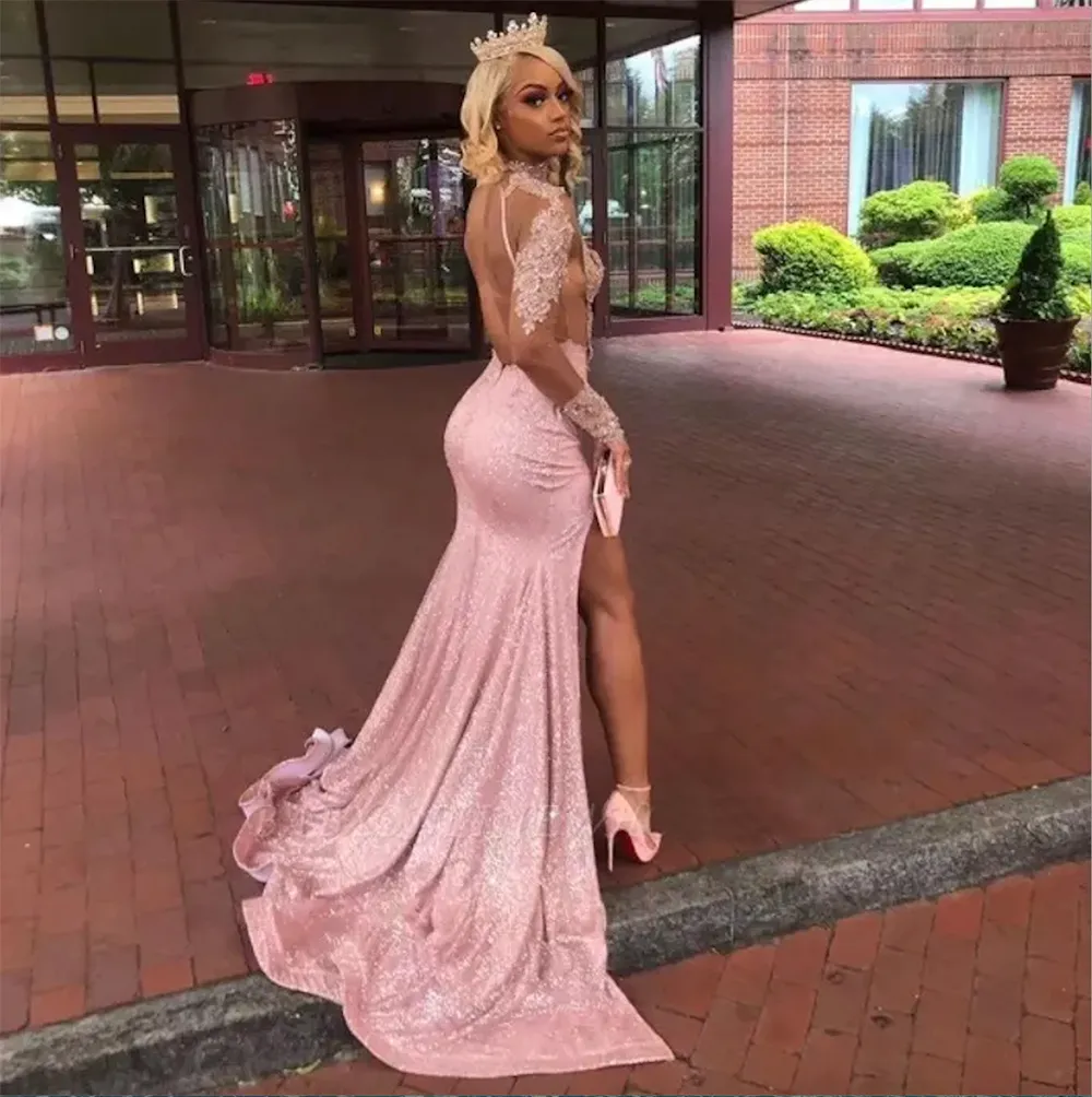 Long Sleeves High Neck Lace Mermaid Prom Dresses 2023 Pink Black Girls Lace Applique Split Backless Sweep Train Evening Gowns