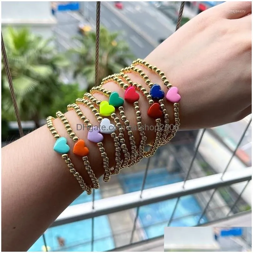 link bracelets 10pcs copper beaded enamel heart charm stretch bracelet gold bead chain handmade jewelry for women 2022 fashion vintage