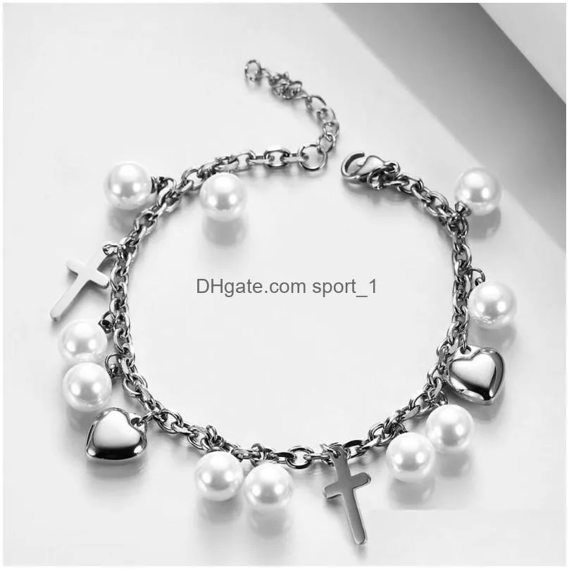 link bracelets 2023 titanium steel creative cross love pearl bracelet womens fashion personality stainless birthday gifts