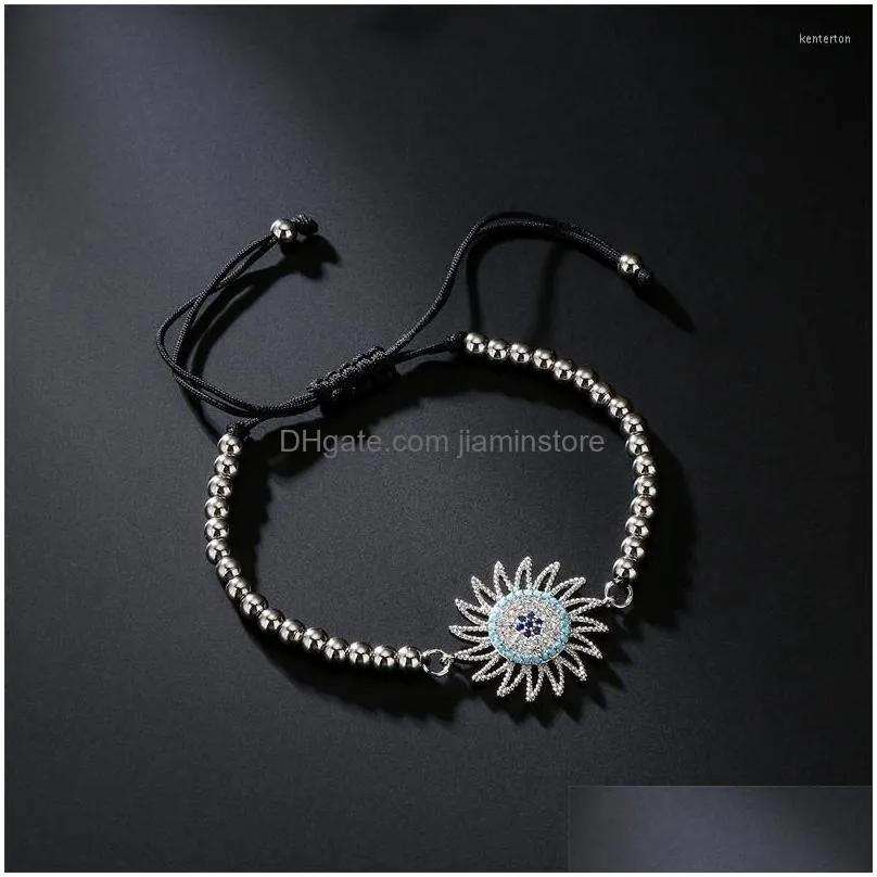 strand sunflower shape black braided rope copper beaded drawstring bracelet for women adjustable brass colorful zircon couple jewelry