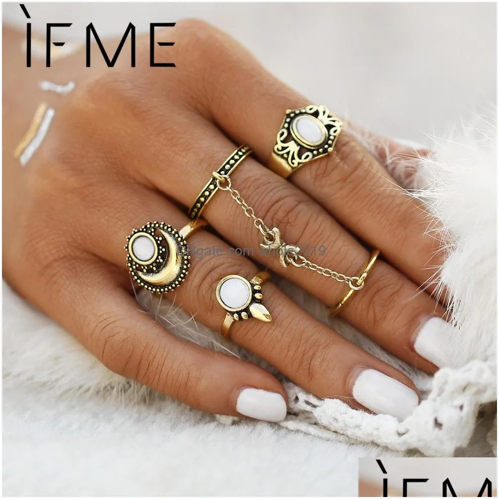 wholesale if me ethnic turkish moon sun finger rings set natural opal stone link chains midi rings jewelry for women antique gold