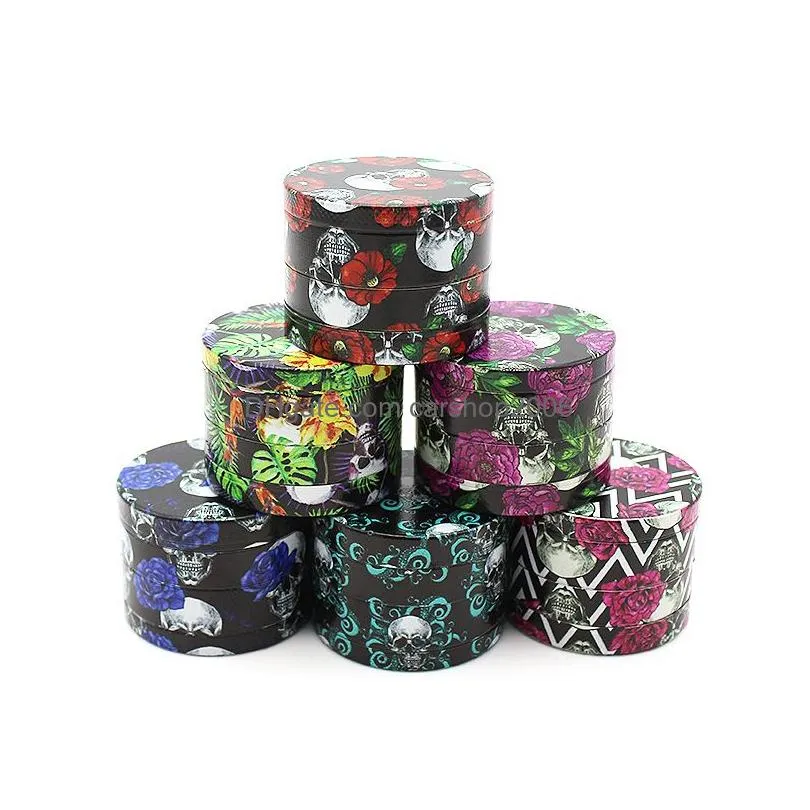 skull rose printed herb grinder household smoking accessories 4 layer 50mm metal tobacco grinders