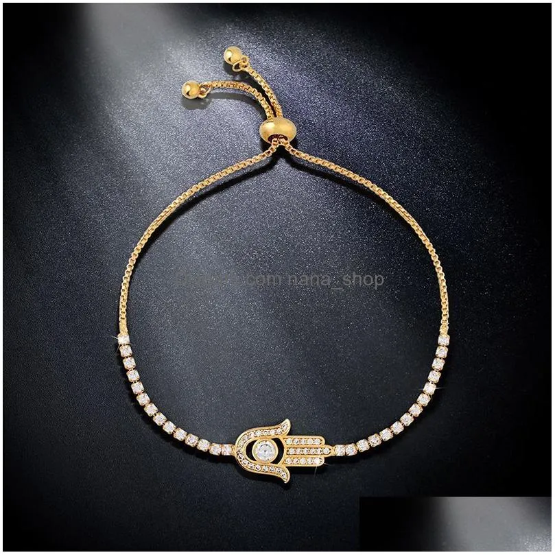 wholesale ocesrio paved zircon hamsa bracelet silver charm hand of fatima adjustable women fashion jewelry brtk45