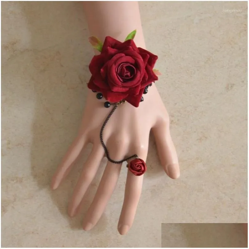 link bracelets purple red wine rose flower bracelet with ring one chain retro black lace show wrist