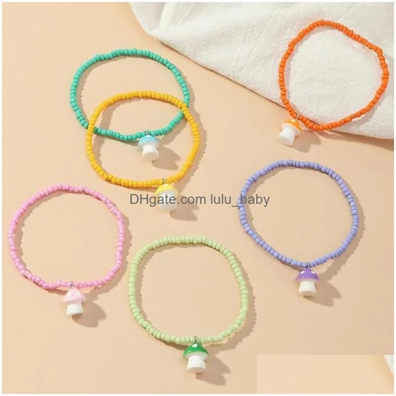 strand 6pcs/set sweet mushroom pendant bracelets for women girls colorful bohemian style rice beads bracelet fashion jewelry gifts