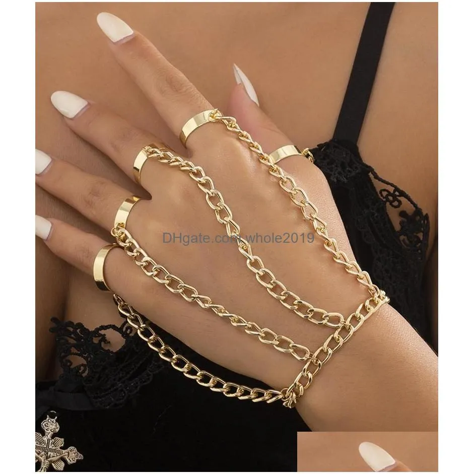 link bracelets european and american punk metal texture multilayer chain finger back hiphop geometric exaggerated open ring bracelet