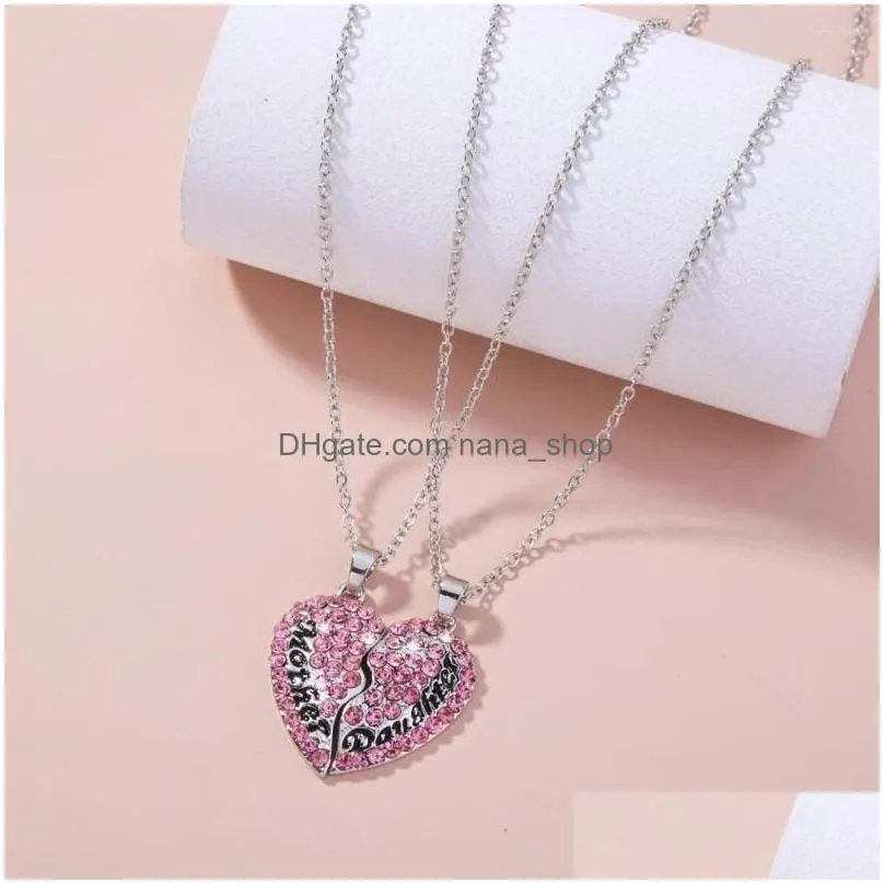 pendant necklaces 2pc fashion broken heart women men hip hop jewelry silvercolor copper chain pink rhinestone statement necklace