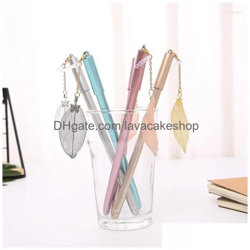 16pcs neutral pen metal real leaf pendant with dust stopper high quality student stationery