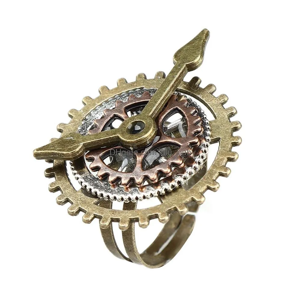 1pcs punk retro charm steampunk gear fingering vintage watch clock copper rings fashion party jewelry for women men