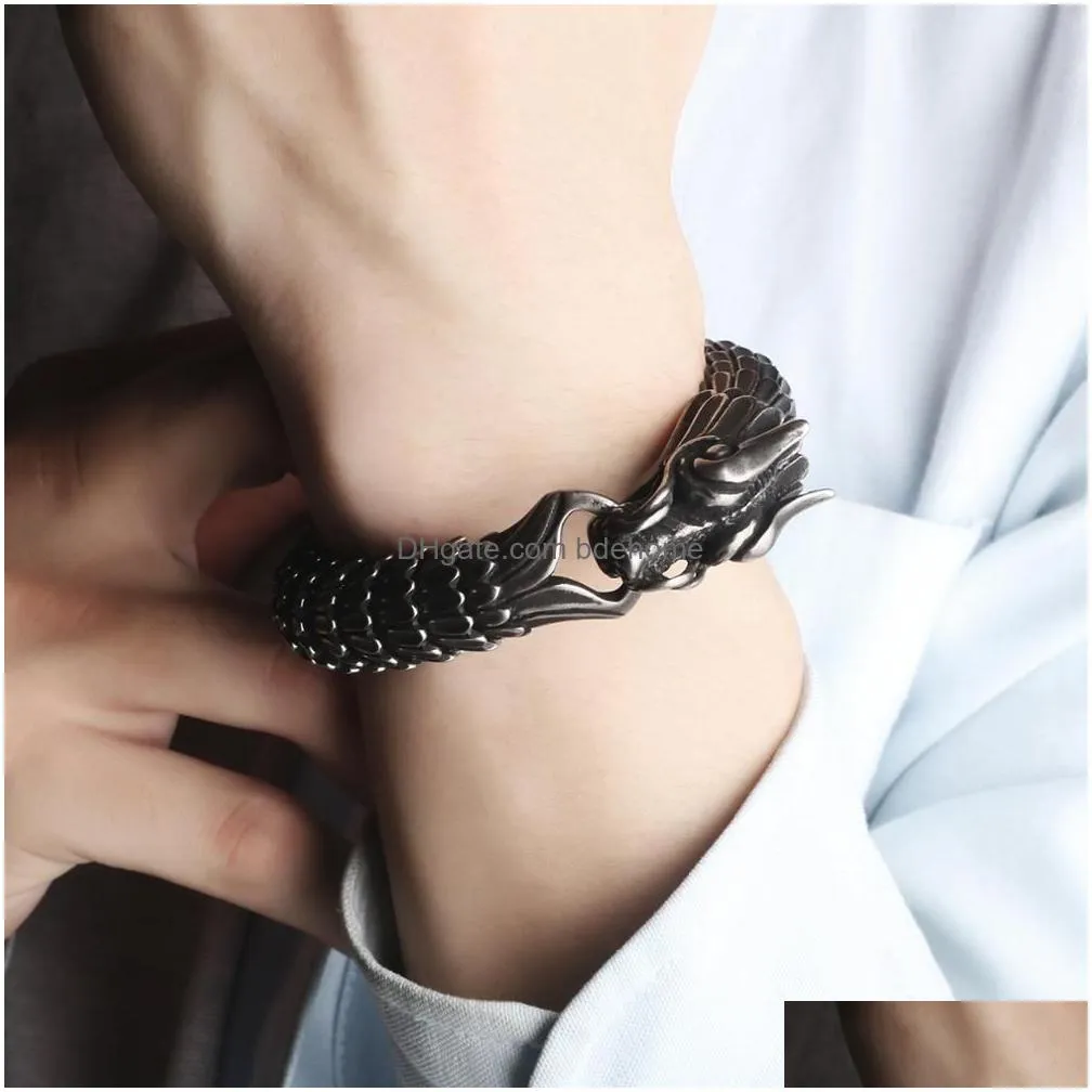 punk animal dragon head charm bracelet men stainless steel black matte china dragon blessing bracelet bangle jewelry