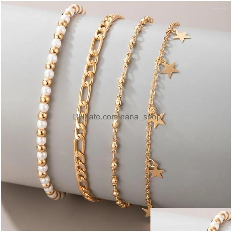 strand gold plated star round sequin pendant chain beach colored stone artificial pearl set bracelet for women boho fashion jewelry