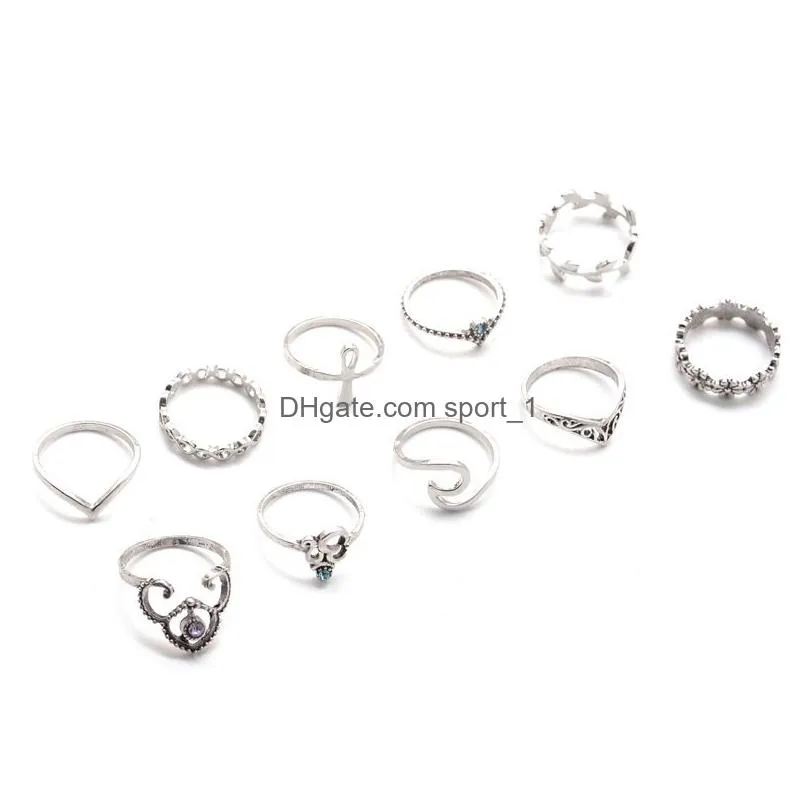 10pcs/set boho vintage silver color stone midi finger rings ethnic gothic knuckle set for women party gift bohemian ring set