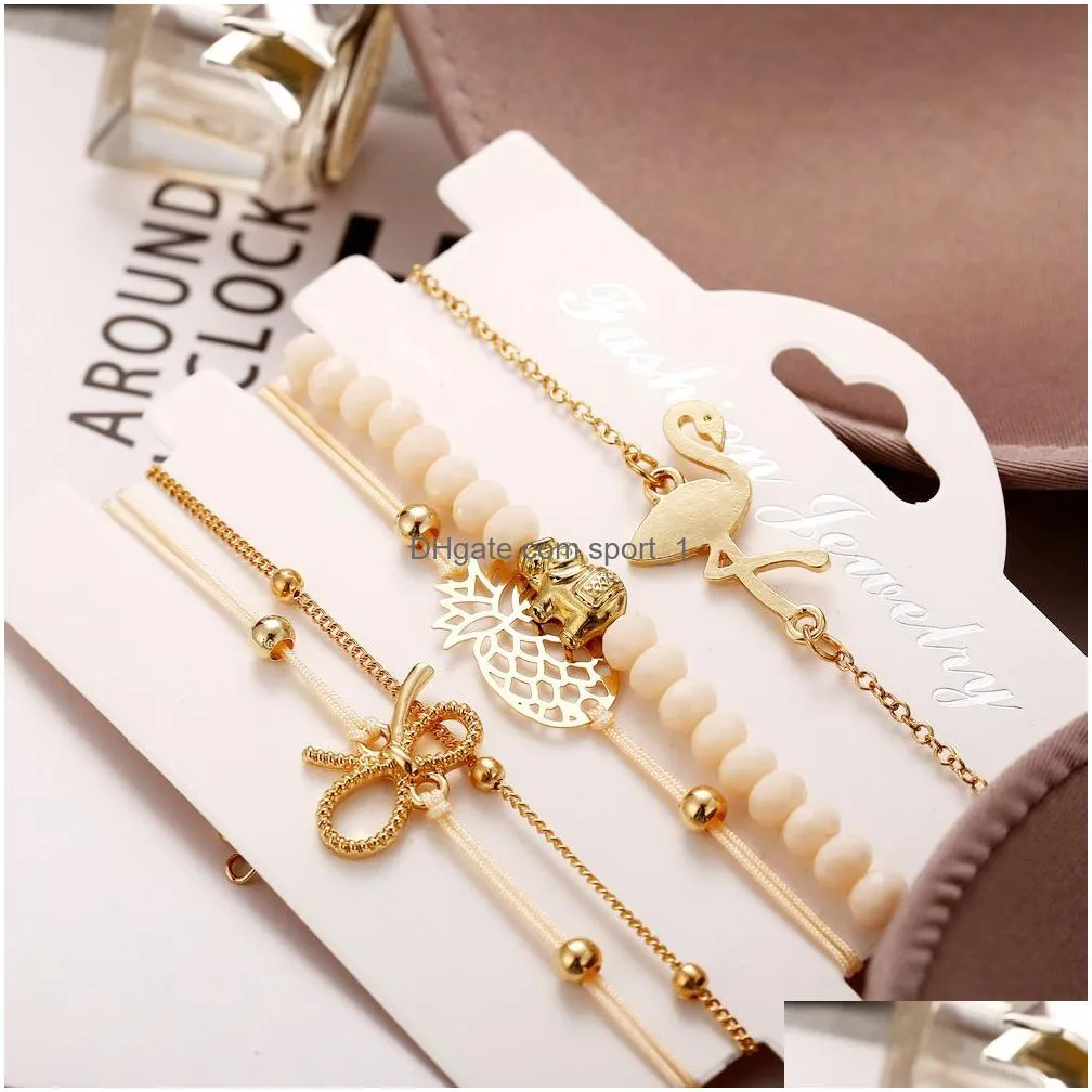 5pcs/lot charm bracelets crystal beaded bow knot gold color link chain bracelets bangles for women boho jewelry