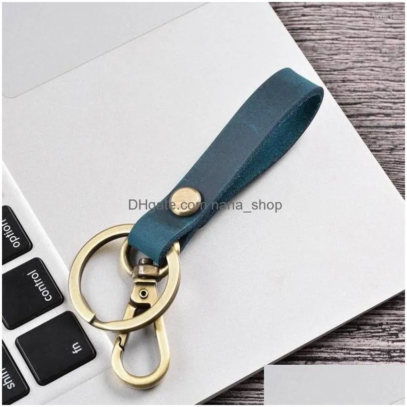 keychains vintage genuine leather wristlet keychain for men women fashion double key rings casual crazy horse chain wholesale