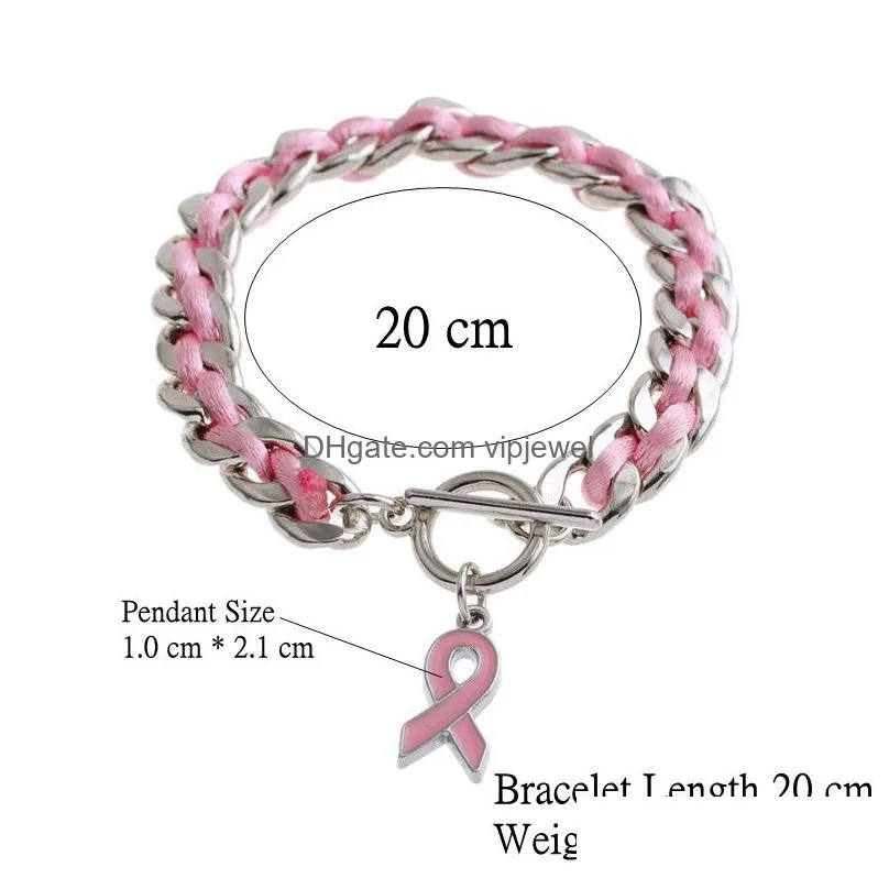 wholesale gift for woman pink satin rope bracelet 1.0cm x 2.1cm pendant bracelet pink ribbon breast cancer jewelry accessories