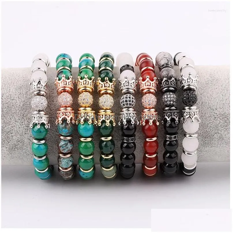 strand drop design natural stone agate jade beads cz pave crown charm custom elastic bracelet women jewelry gift