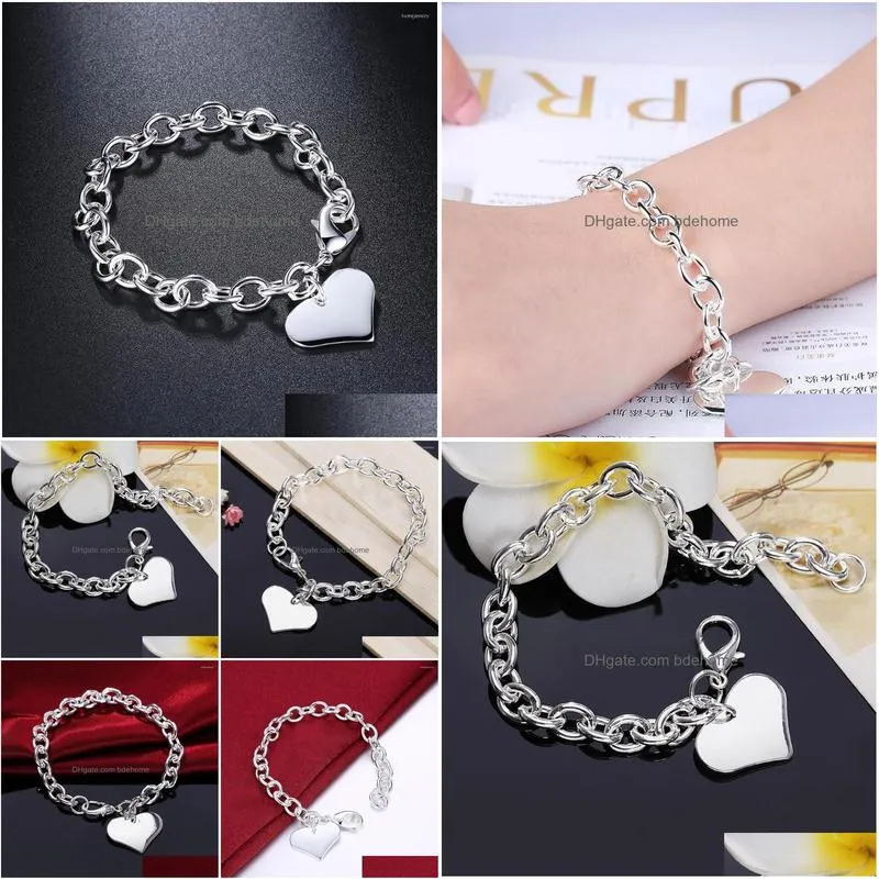 link bracelets factory direct fashion 925 stamp silver color bracelet for woman fine love heart pendant chain jewelry wedding party